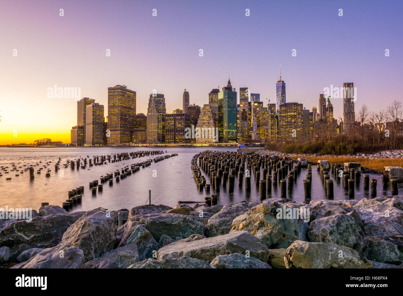 New York, Manhattan Downtown Skyline Sunset / Night Landscape, USA Stock Photo