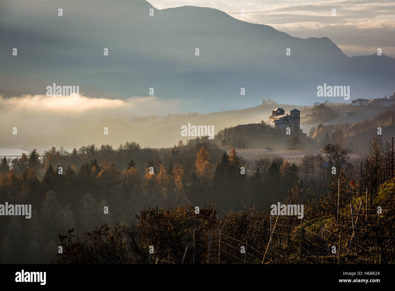 Autumn Castle Landscape, Alps, Italy Stock Photo