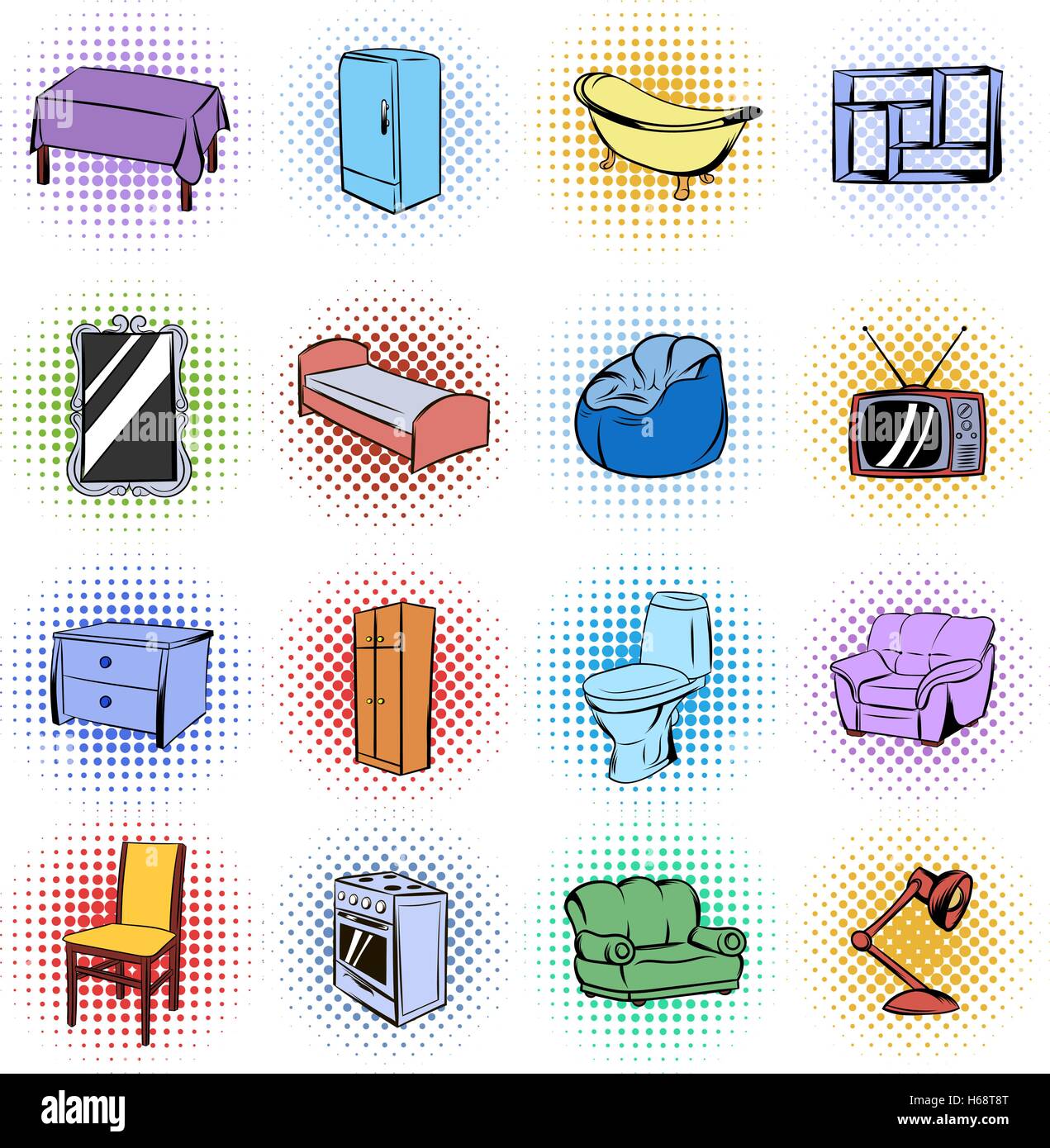 Furniture comics icons set Stock Vector