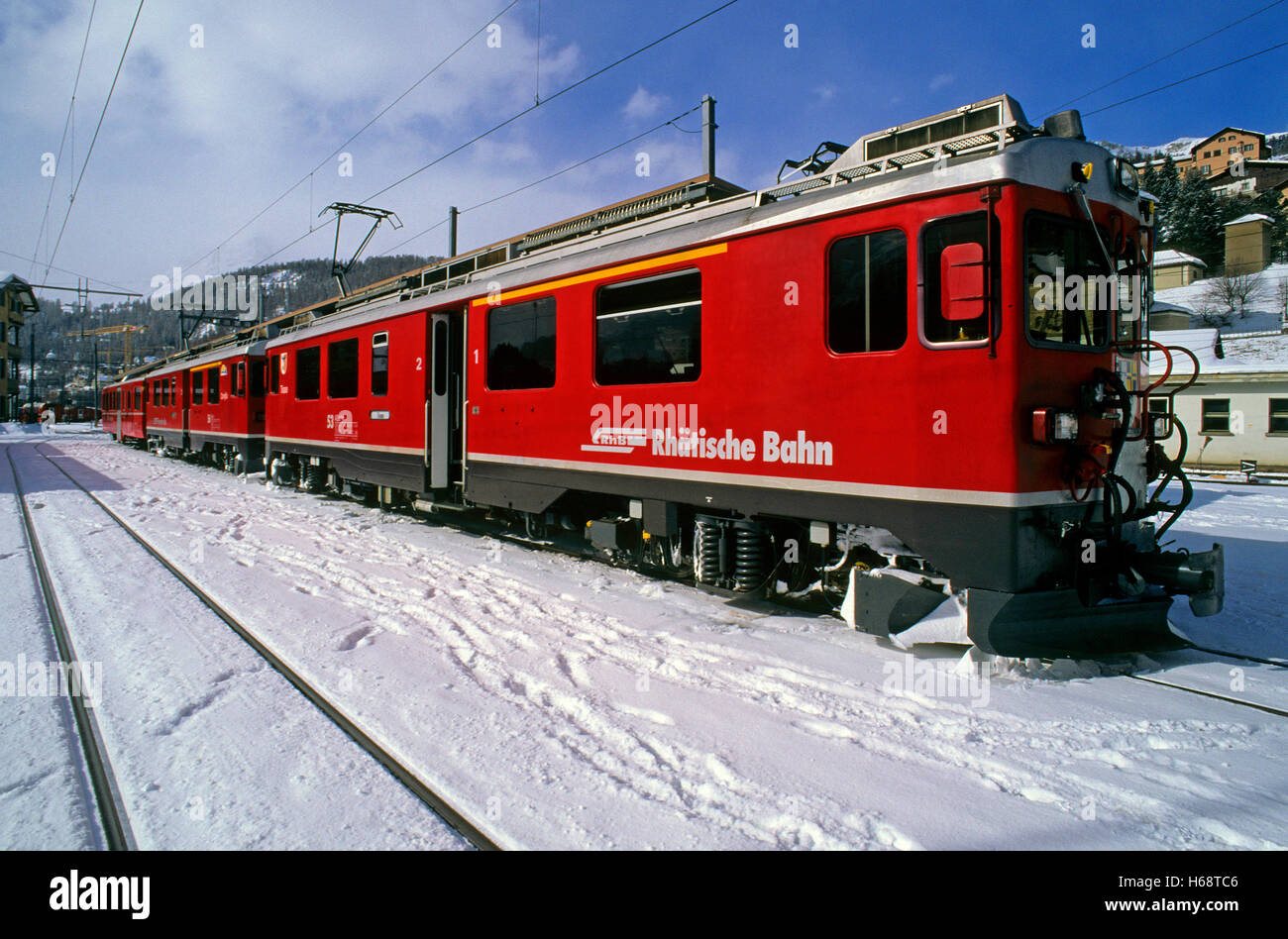 Red Train, Bernina Express, St Moritz railway station, Engadina, Switzerland, Europe Stock Photo