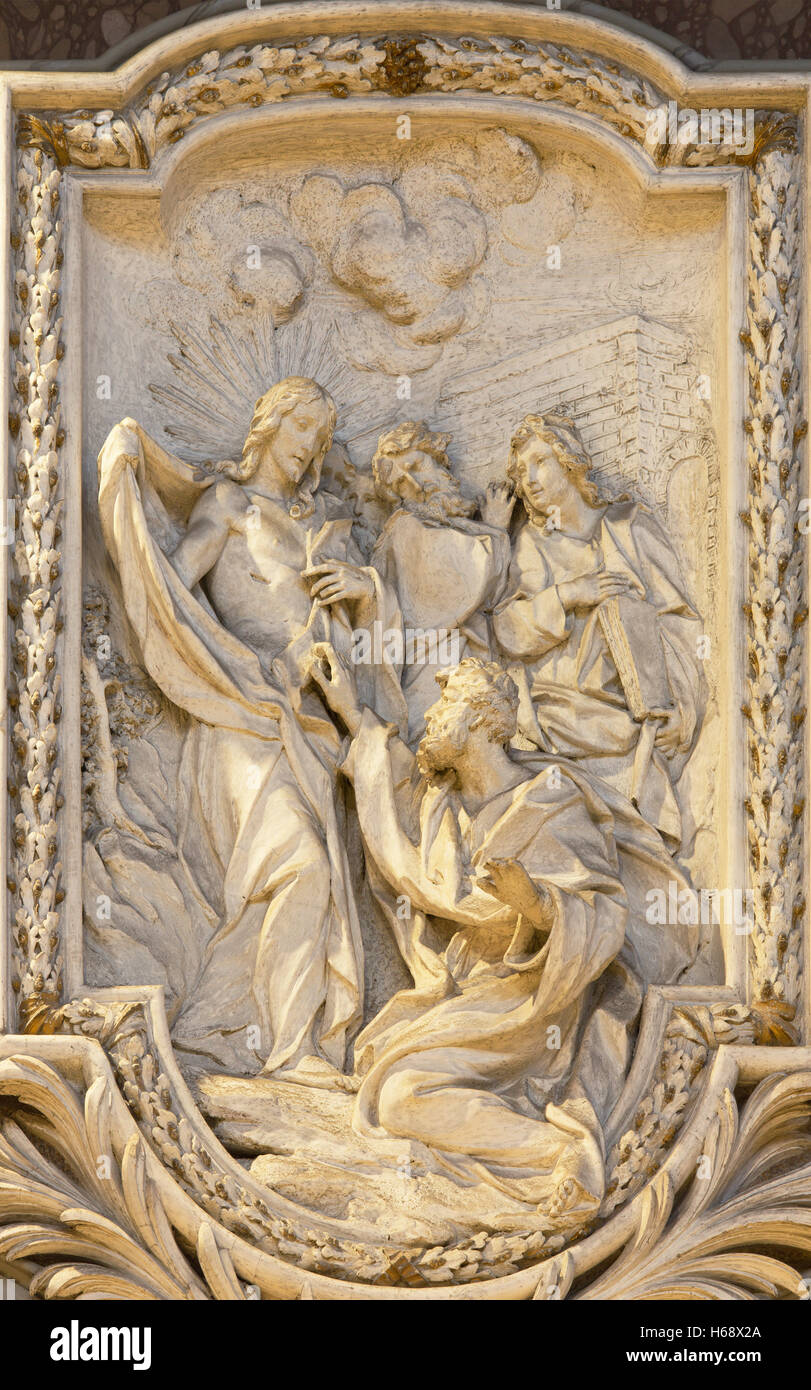 ROME, ITALY - MARCH 10, 2016: The relief of  The Incredulity of St Thomas by Carlo Monaldi in church Basilica di San Marco Stock Photo