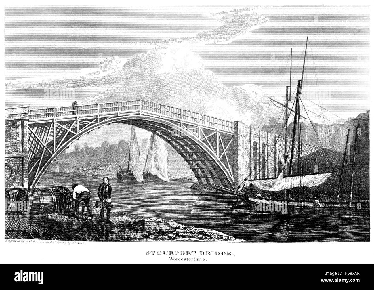 An engraving of Stourport Bridge, Worcestershire scanned at high resolution from a book printed in 1812. Believed copyright free. Stock Photo