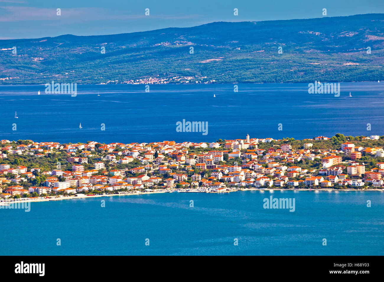 Ciovo island aerial panoramic view, village of Okrug Gornji, Dalmatia, Croatia Stock Photo