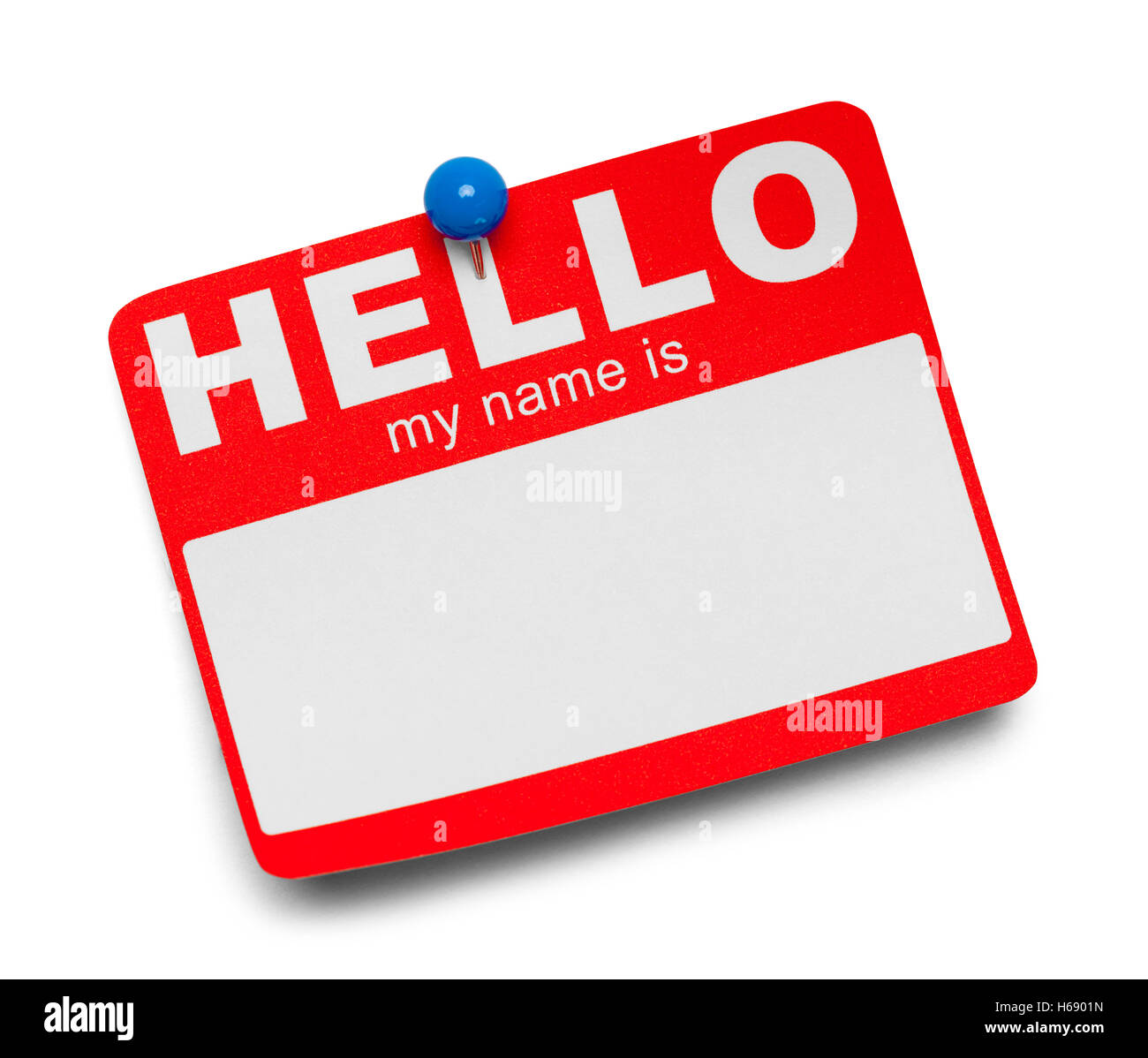 Red Hello Tag with Blue Tac Isolated on White Background. Stock Photo