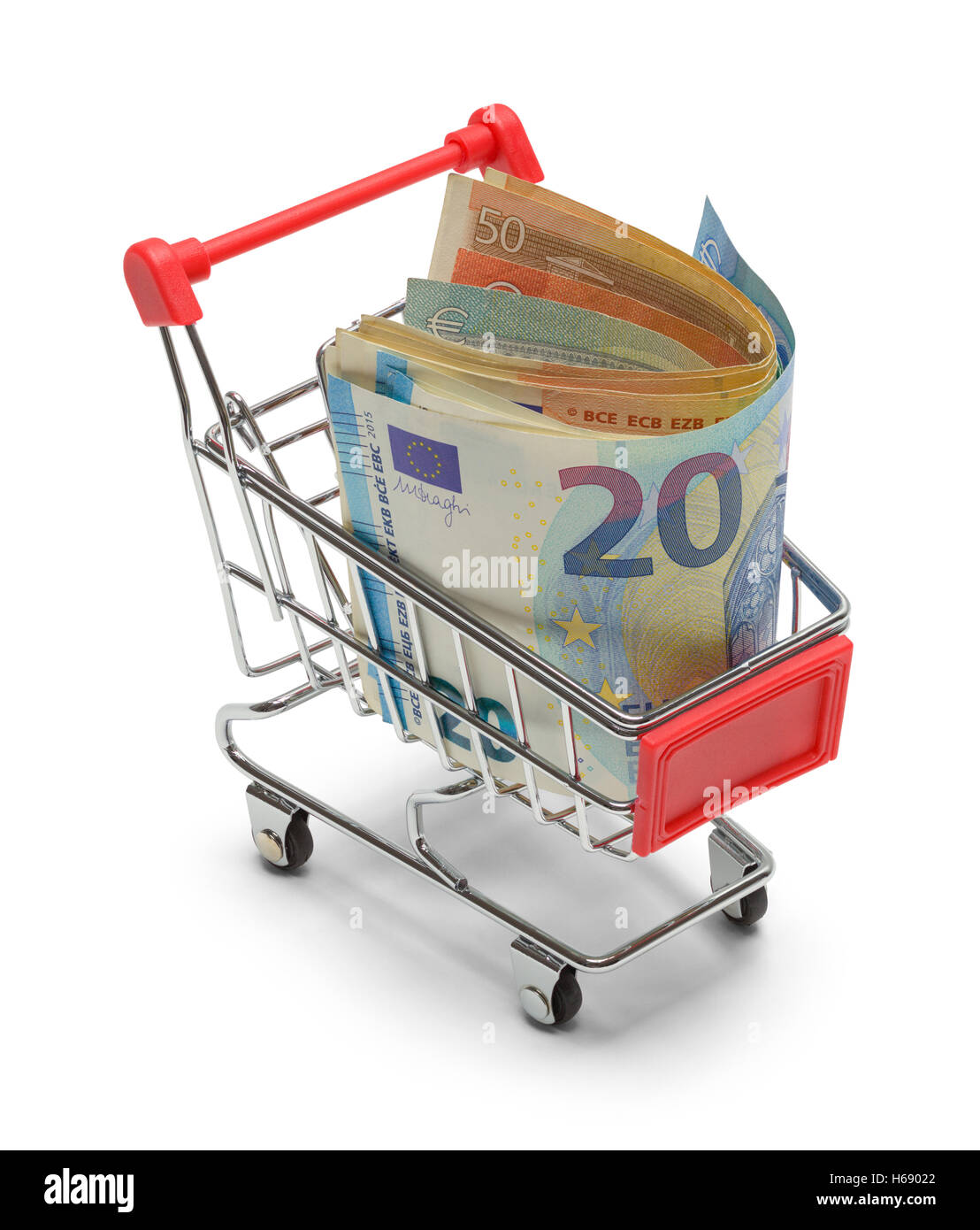 Shopping Cart Filled with Euros Isolated on White Background. Stock Photo