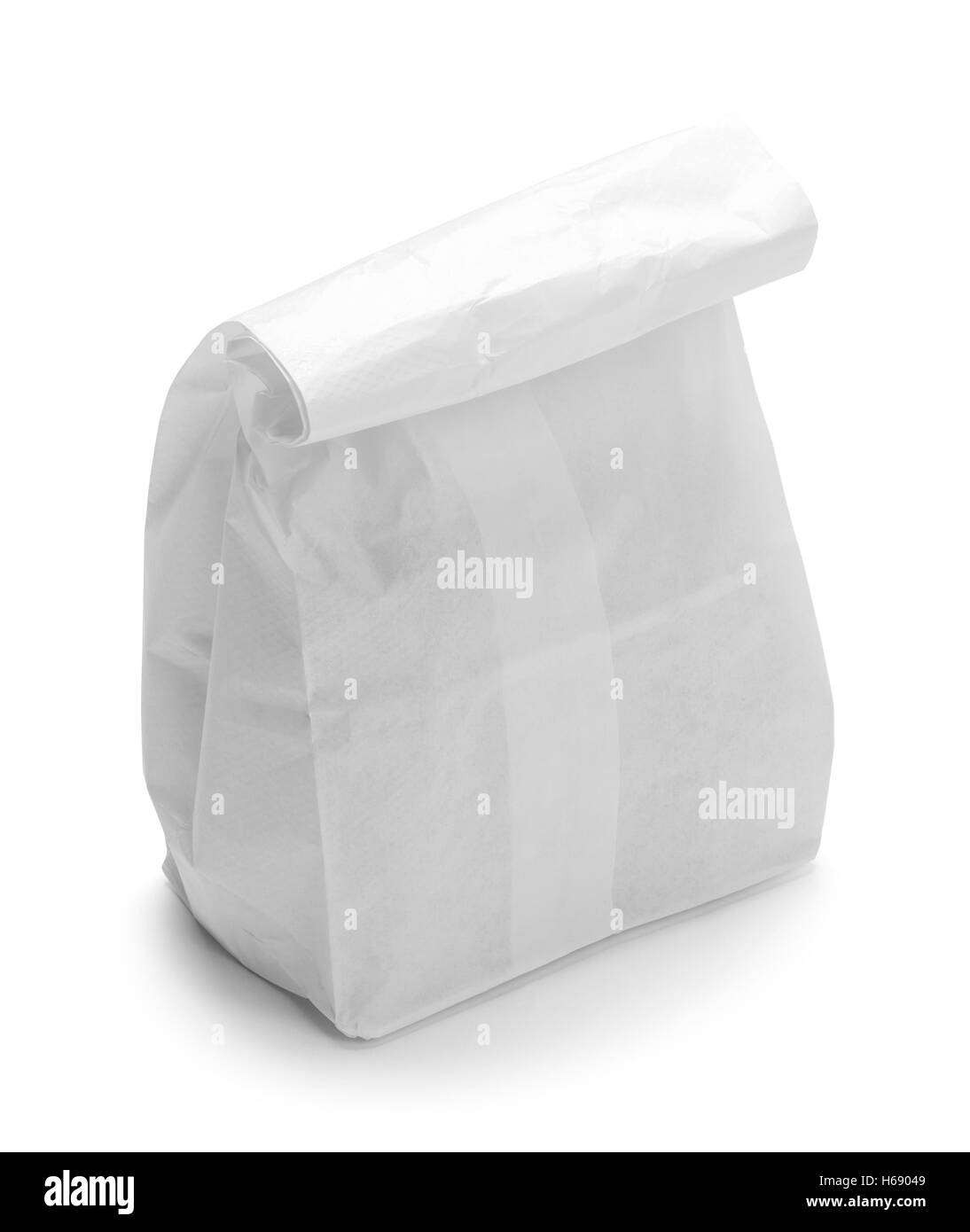 White Sack Lunch Isolated on White Background. Stock Photo