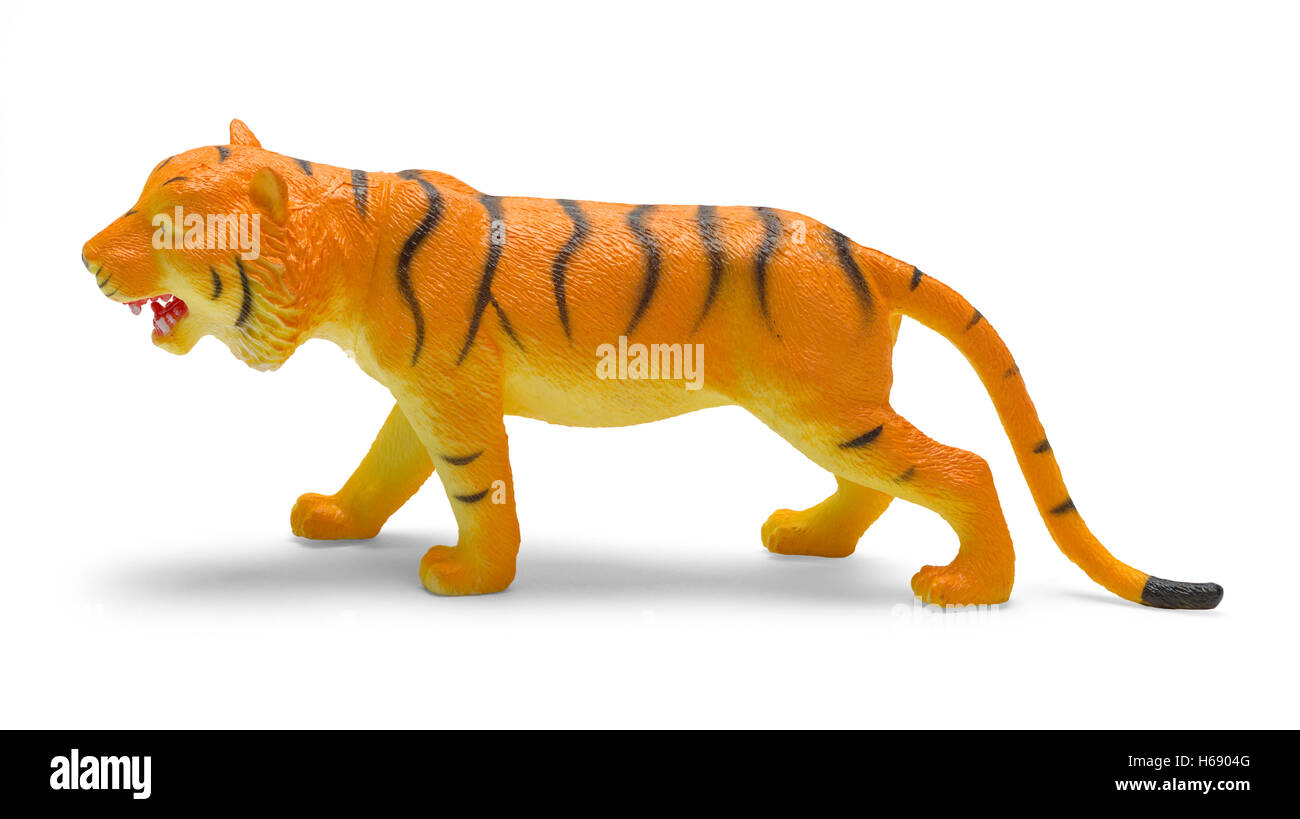 Plastic Tiger Toy Side View Isolated on White Background Stock Photo