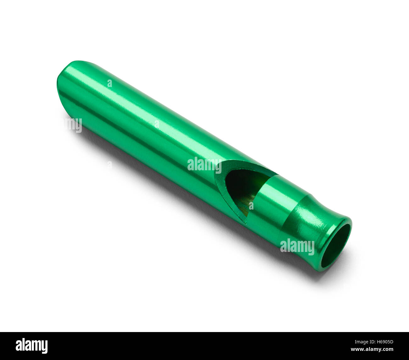 Metal Green Whistle Isolated on White Background. Stock Photo