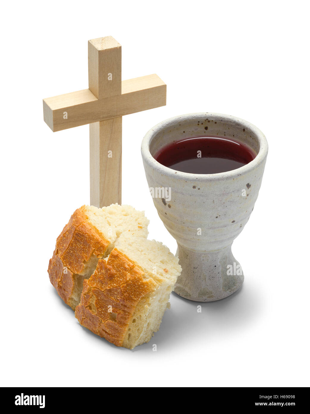Broken Bread with Wine Goblet and Cross Isolated on White Background ...