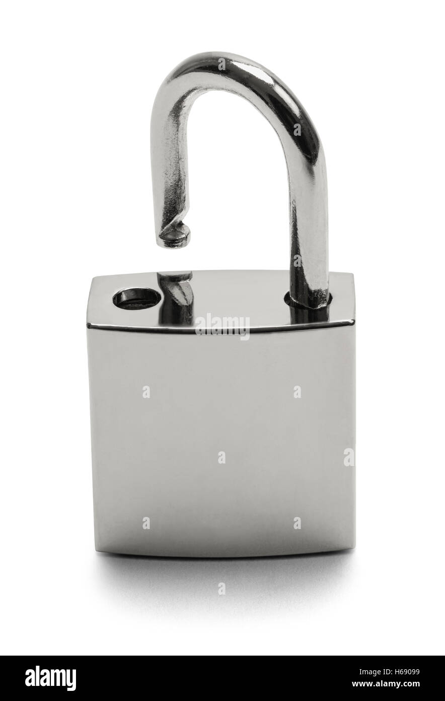Open Silver Padlock with Copy Space Isolated on White Background. Stock Photo