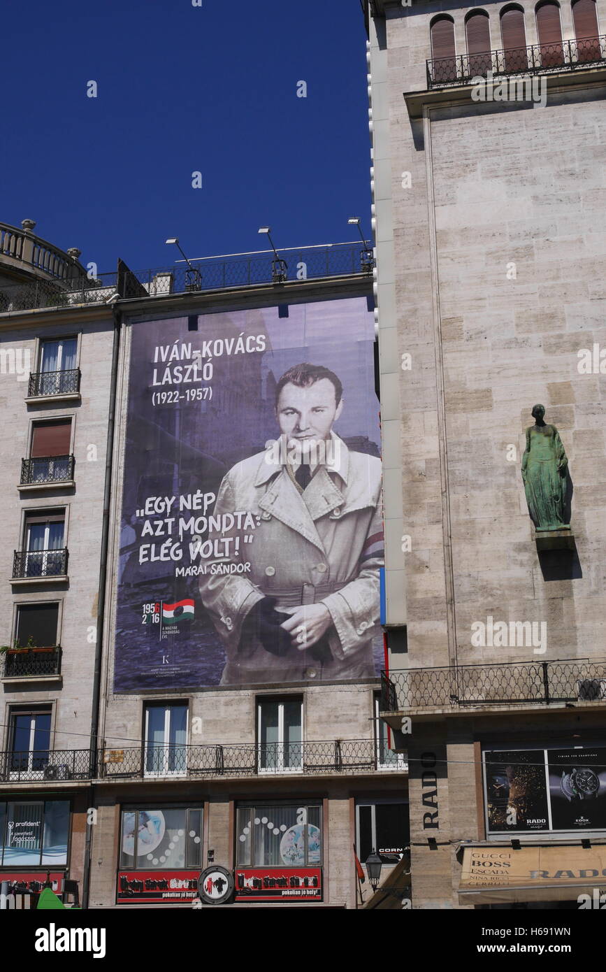 Mural depicting Ivan-Kovacs Laszlo, one of the leaders of the 1956 Hungarian Revolution, Astoria Square, Budapest, Hungary Stock Photo