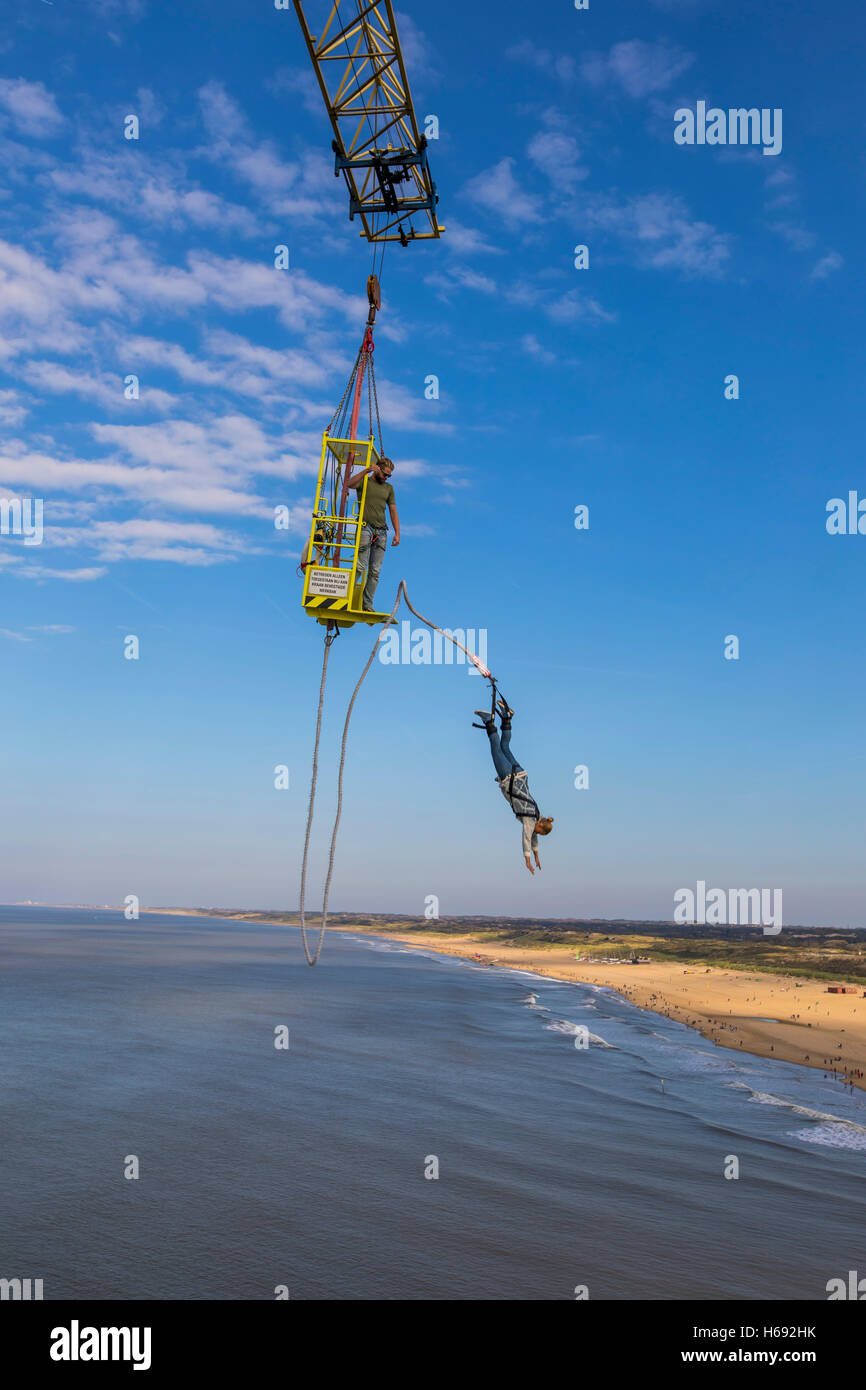Scheveningen, The Hague, The Netherlands, pier with a bungee jump tower over the north sea, Stock Photo