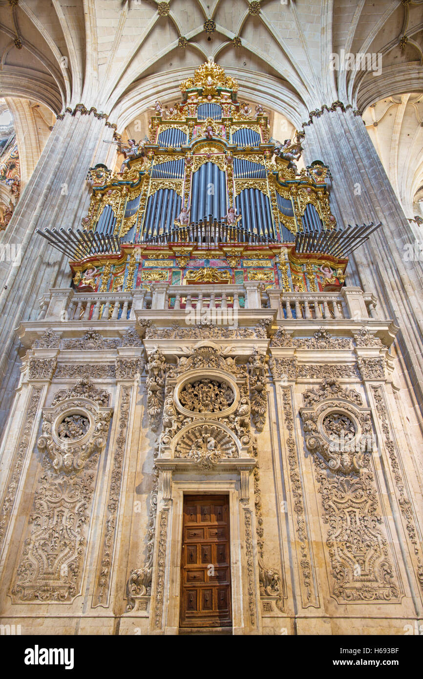 SALAMANCA, SPAIN, APRIL - 16, 2016: The Organ and gothic vault of Cathedral. Stock Photo