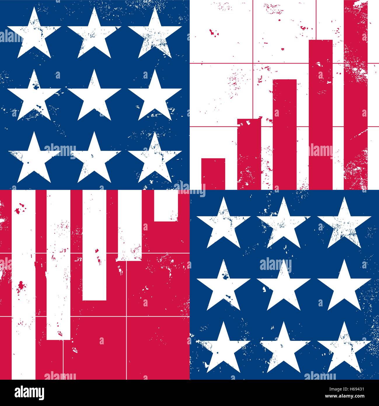 American Recession Recovery  Two modified American flags, side by side, with stripes staggered like bar graphs. Stock Vector