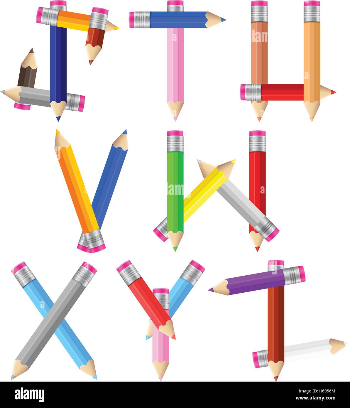 Alphabet formed by pencils from S to Z on a white background. Vector illustration. Stock Vector