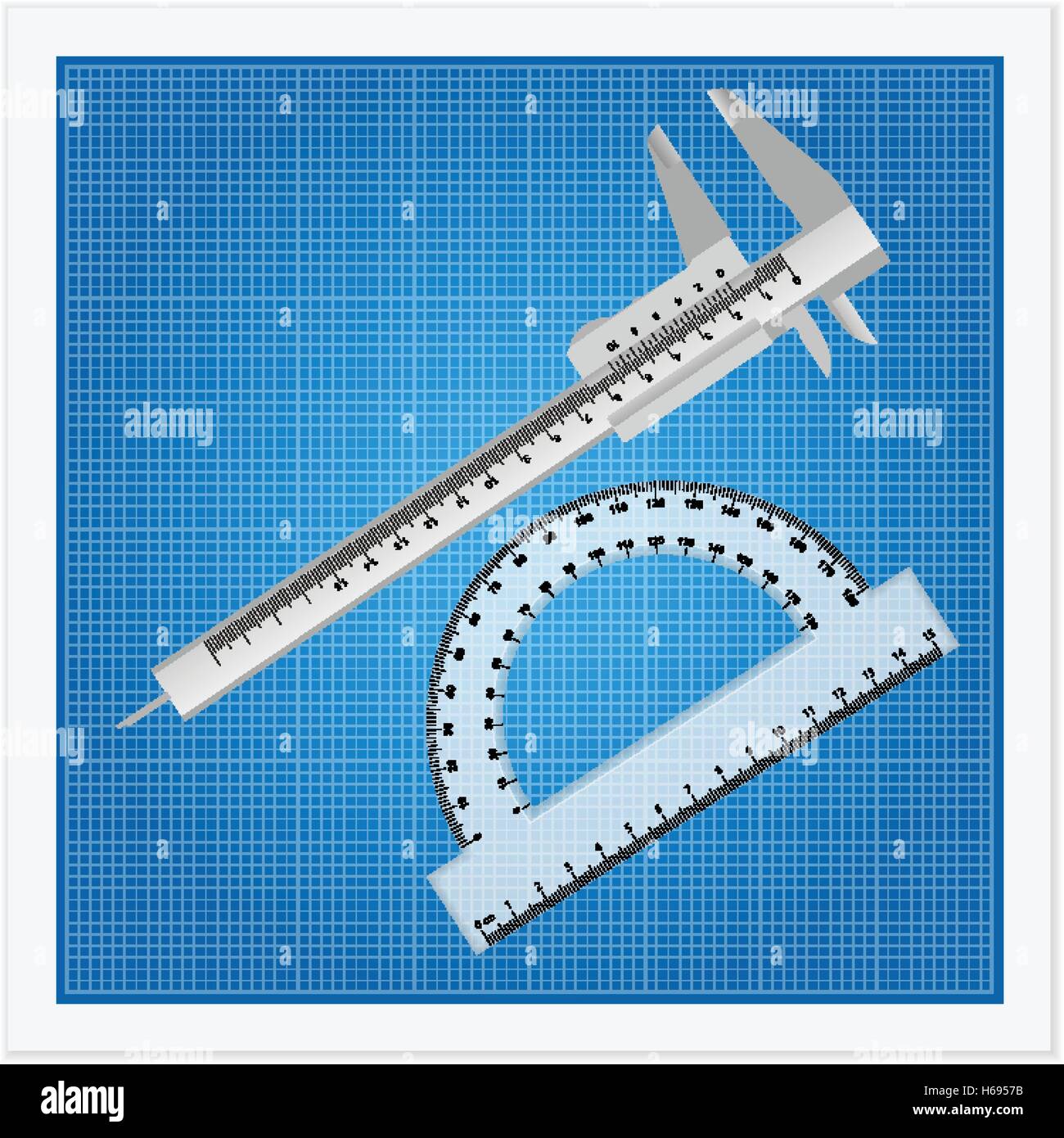 Blueprint and ruler instruments on a white background Stock Vector
