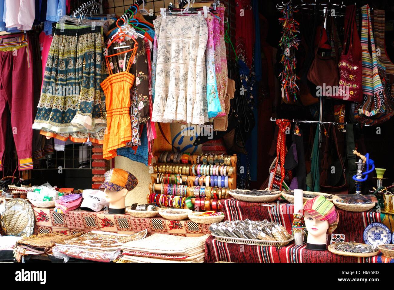 Clothes and accessories stall in a side street off the Plaza Nueva, Granada, Granada Province, Andalusia, Spain, Western Europe. Stock Photo