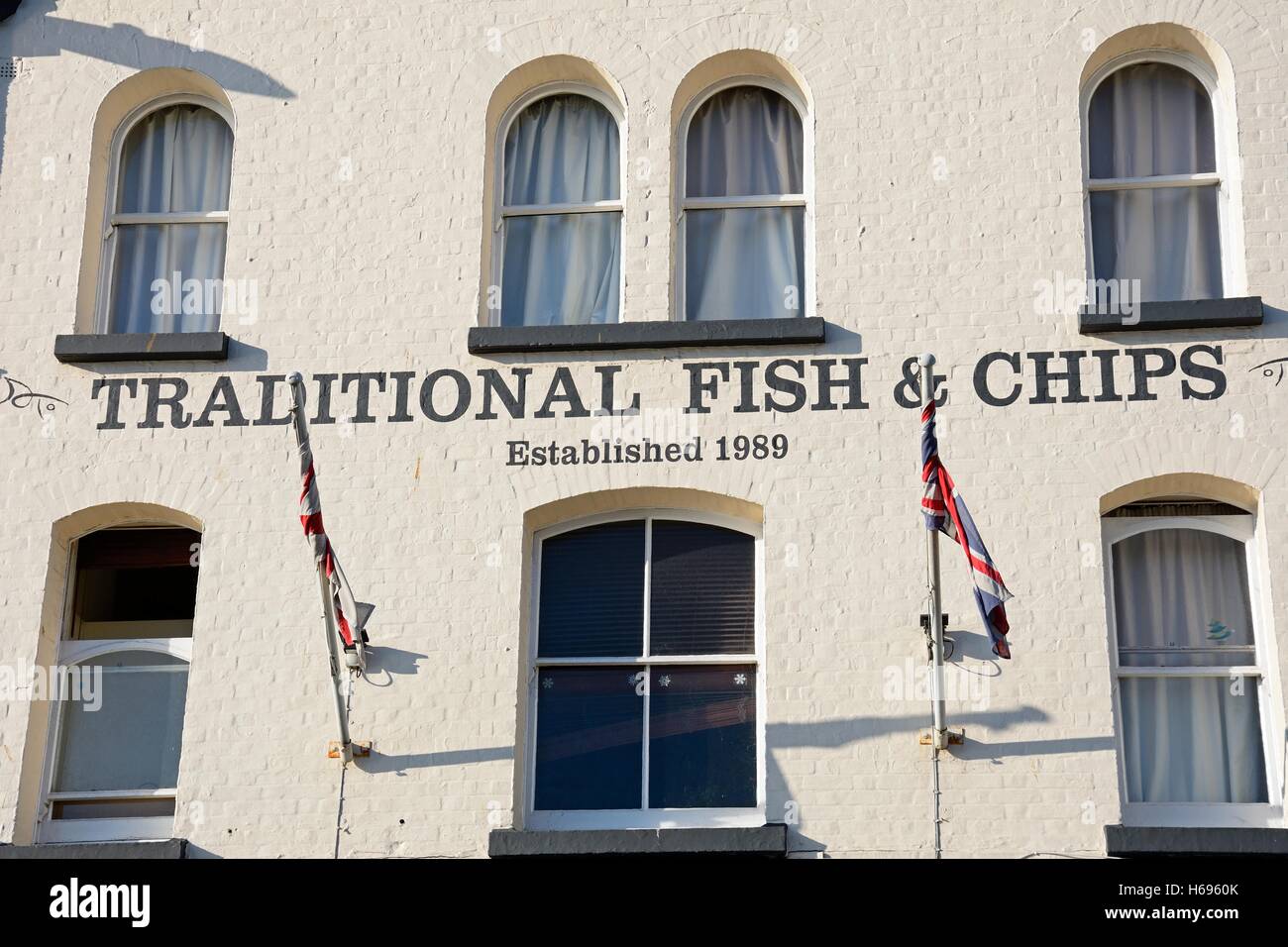 Traditional Fish and Chips shop building in the harbour area, Weymouth
