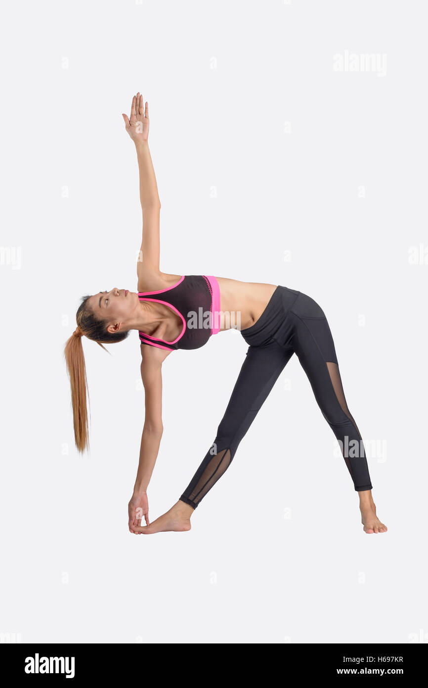 Asian young woman exercises yoga isolated on white background Stock ...