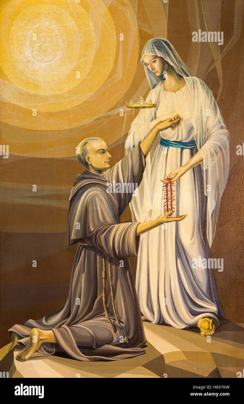 BRESCIA, ITALY - MAY 22, 2016: The painting of holy Maximilian Kolbe and Virgin Mary of the Lourdes Stock Photo