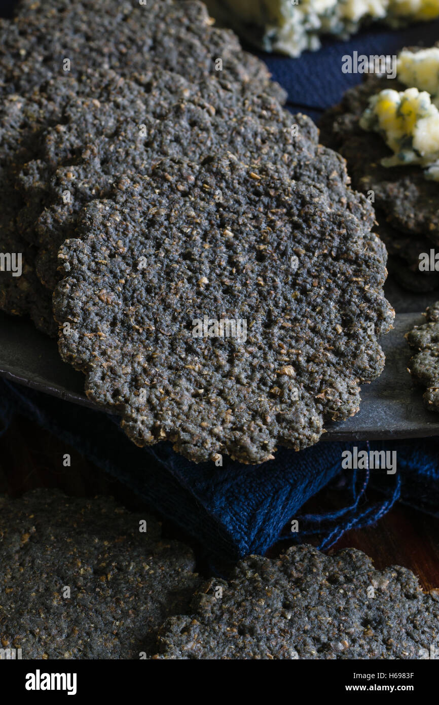 Charcoal biscuits with mature English Stilton cheese Stock Photo Alamy