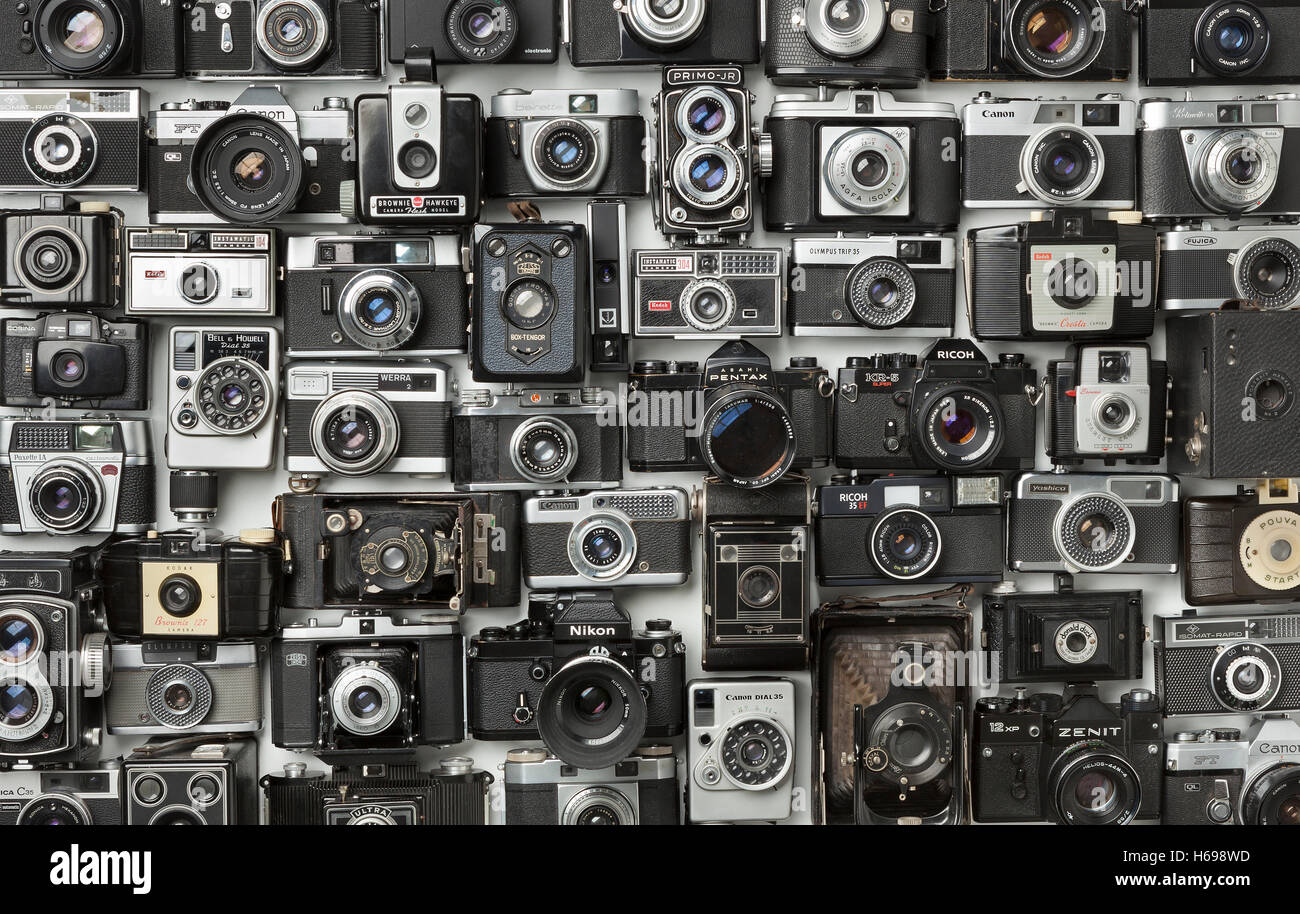 Collection of old analogue different camera's Stock Photo