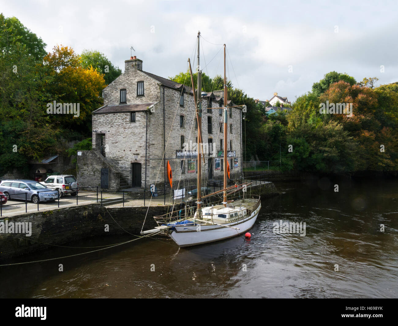 Adventure Activities in old warehouse on River Teifi Cardigan Ceredigion Wales UK in this ancient historic market town on a lovely October autumn day Stock Photo