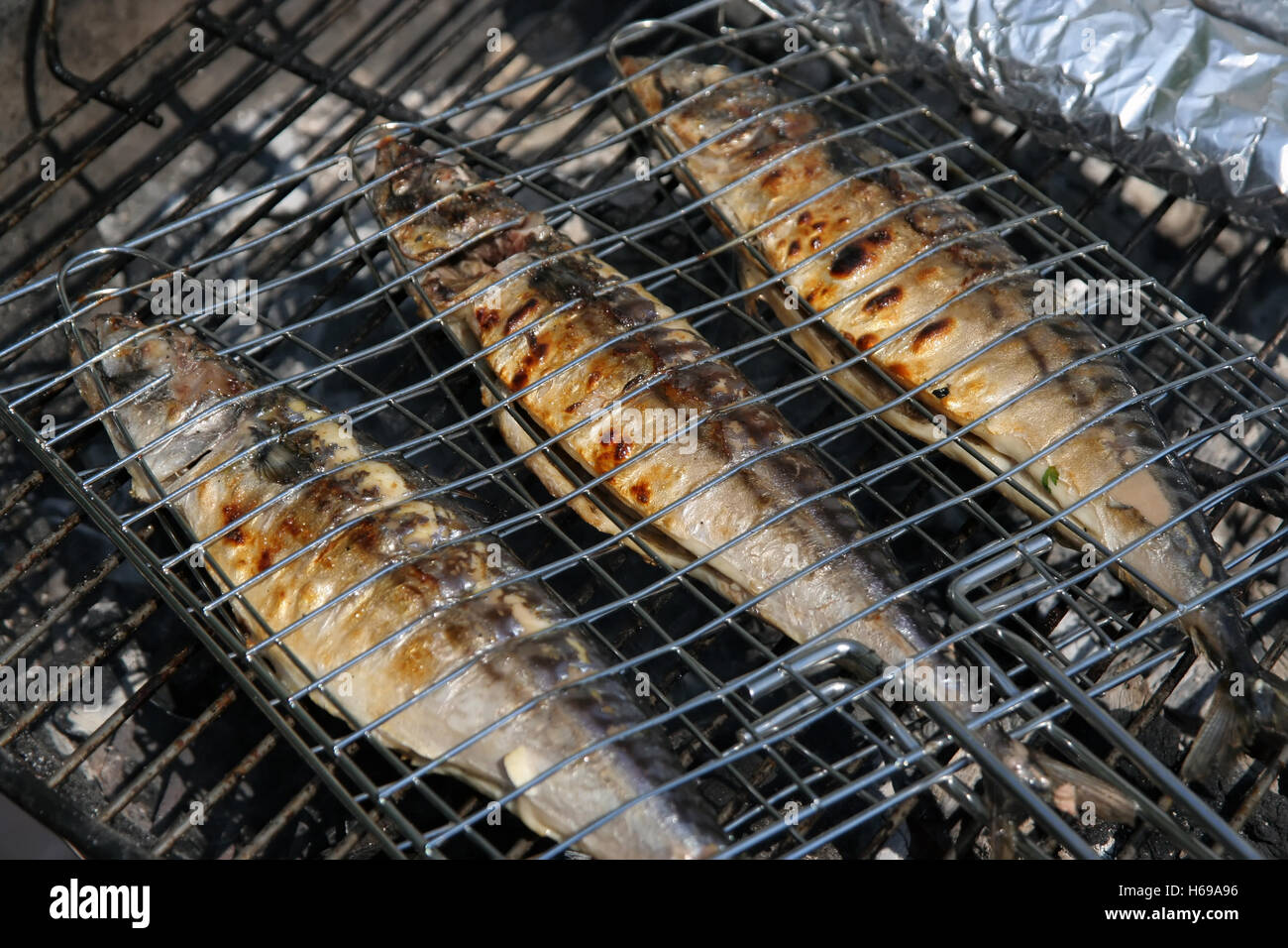 Fish on a grill. Fish on a barbecue. Stock Photo