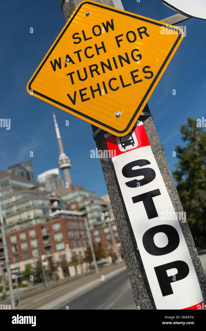 A bus stop sign on Queen's Quay West in Toronto, Ontario, Canada Stock ...