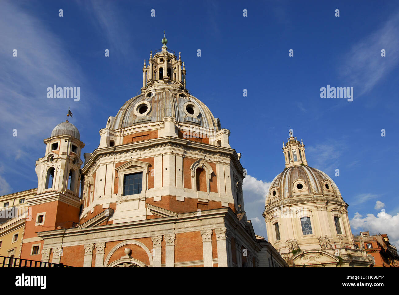 View of the Trajan's Forum twin churches dedicated to Virgin Mary, with renaissance and baroque domes Stock Photo