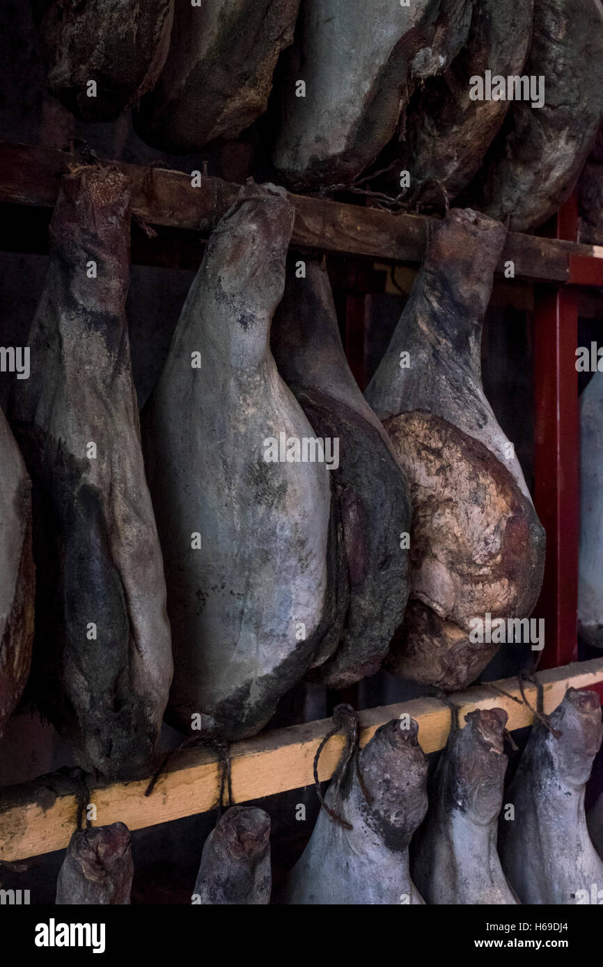 Cured ham legs at Sušara Smokehouse. Njeguška pršuta (Njeguški pršut