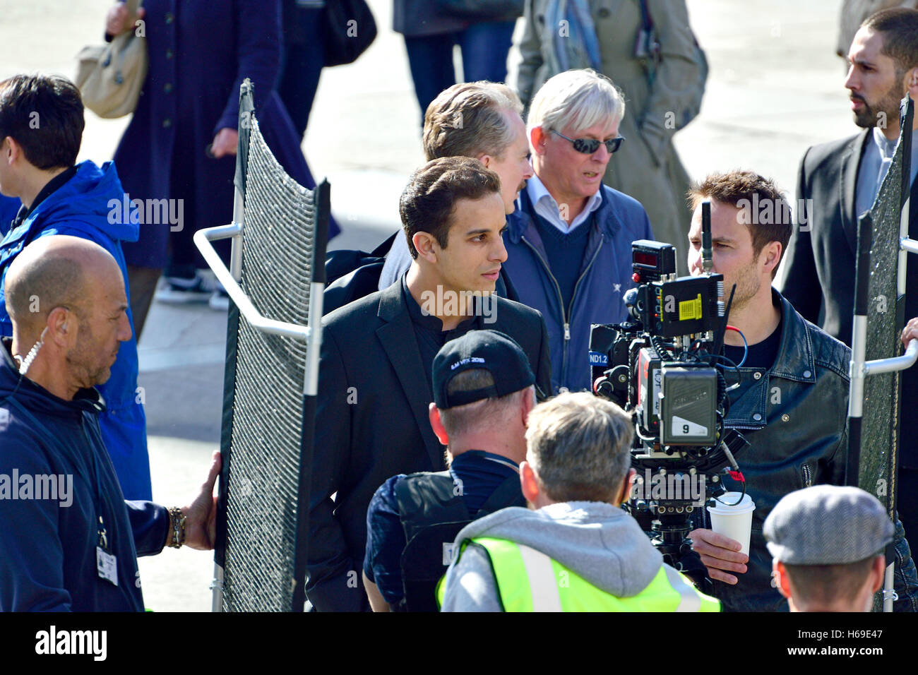 Alaa Safi filming 'American Assassin' in Trafalgar Square, with Taylor Kitsch London, 5th Oct 2016. Stock Photo