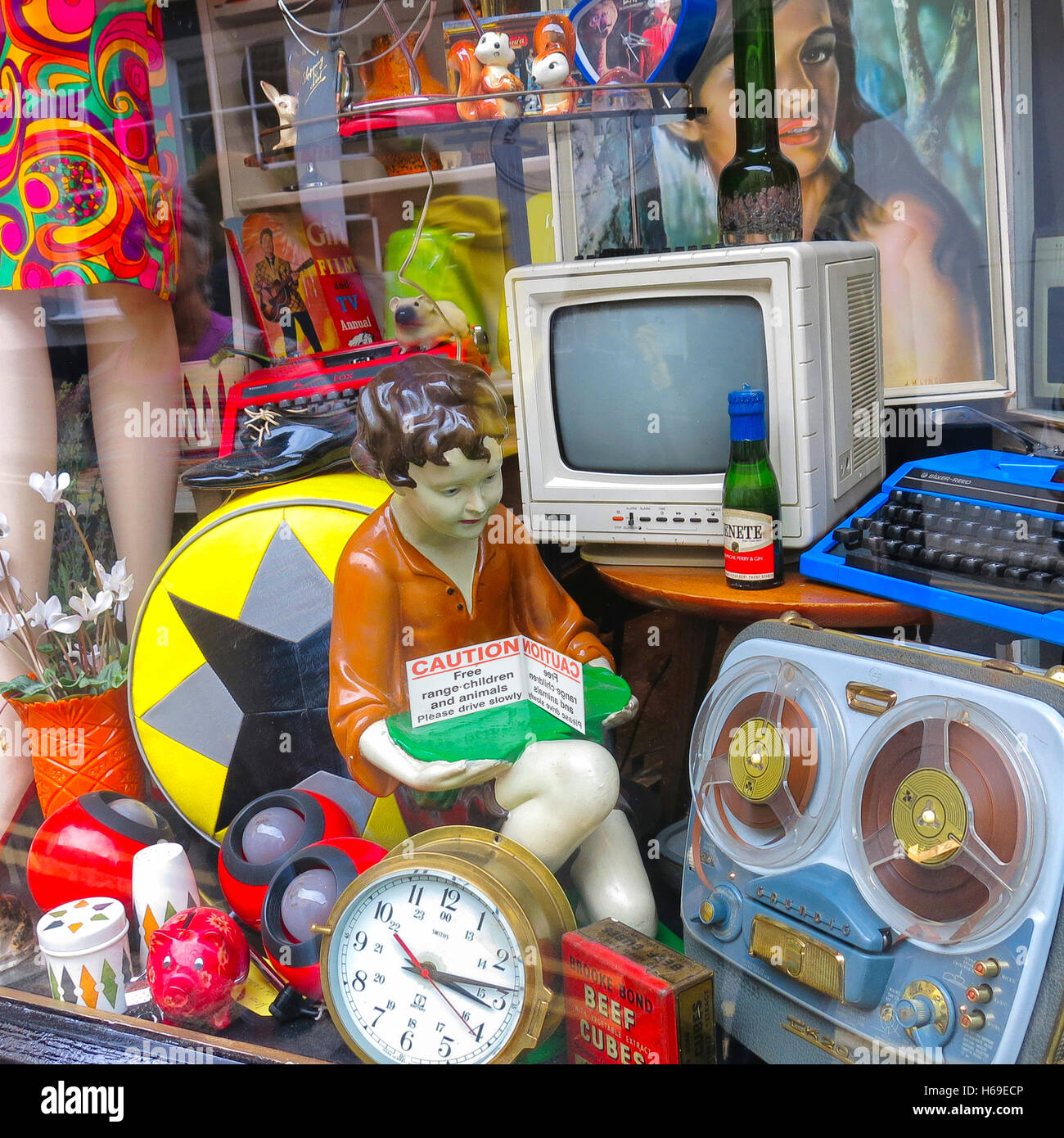 Colourful shop window display of vintage items Stock Photo