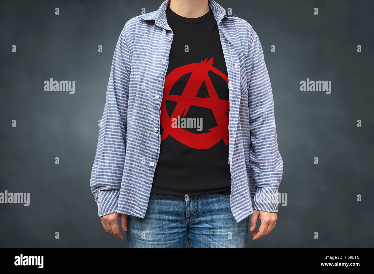 Anarchy symbol print on t-shirt, political message. Selective focus. Stock Photo