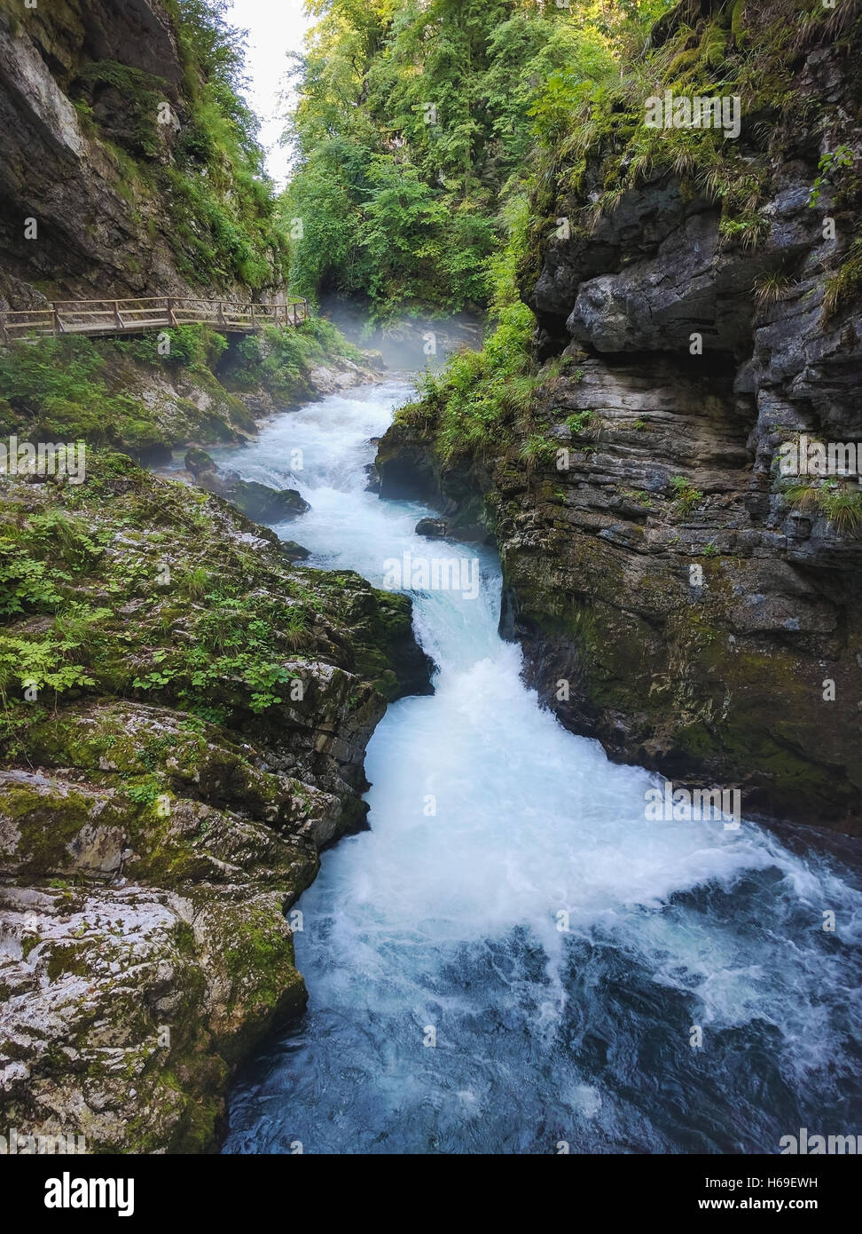 Vintgar gorge and Radovna river with hiking trail near Bled in Slovenia Stock Photo