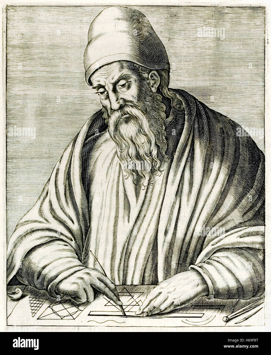 Euclid of Alexandria (450-350BC) Greek mathematician who wrote 'Elements' one of the most influential works in the history of mathematics. Engraving by Frère André Thévet (1516-1590) published in 1584. See description for more information. Stock Photo