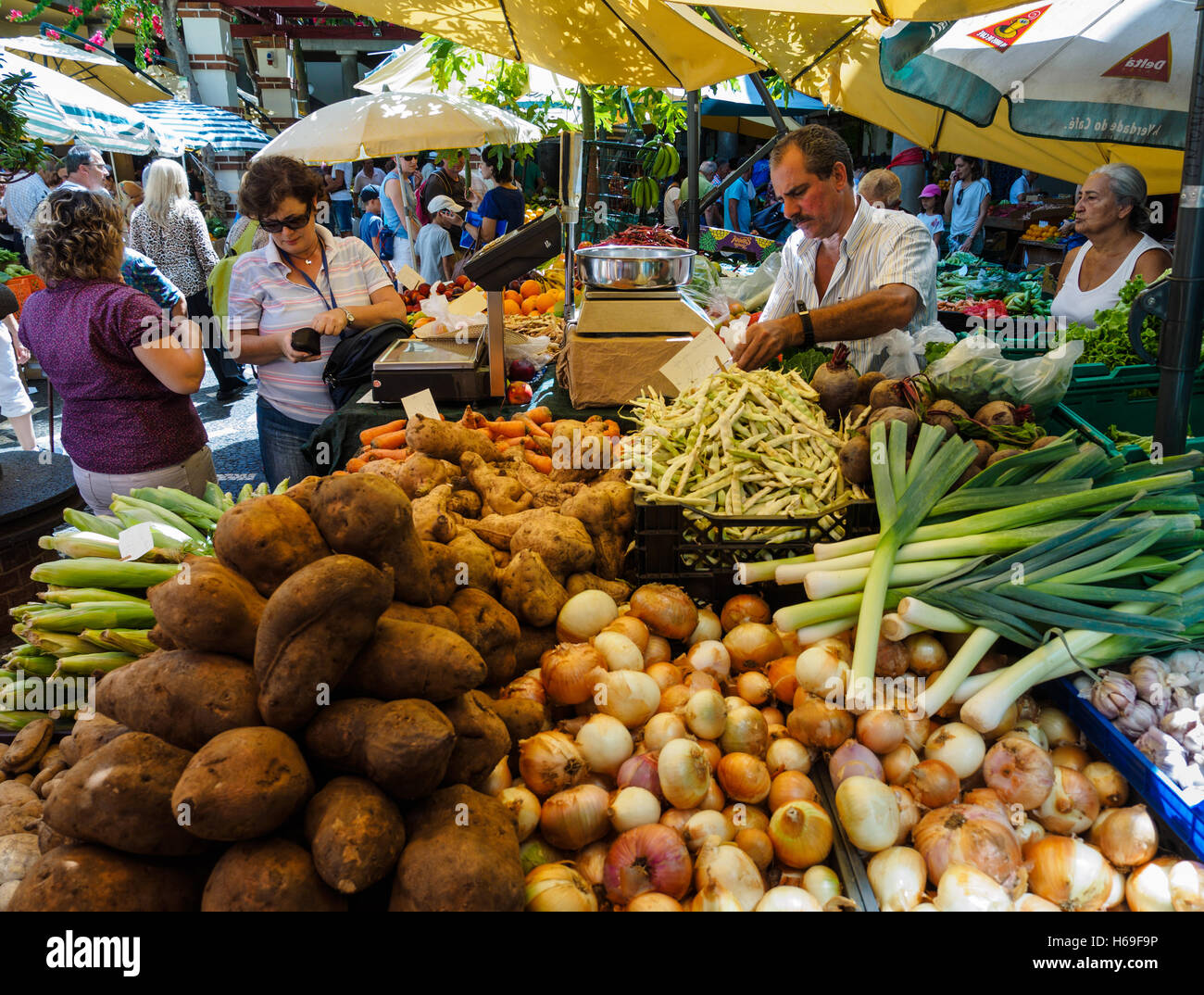 Fruit and vegetables are for sale in the Funchal market hall on the Portuguese island of Madeira Stock Photo