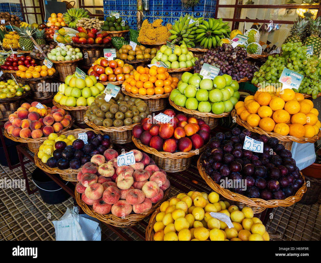Fruit and vegetables are for sale in the Funchal market hall on the Portuguese island of Madeira Stock Photo