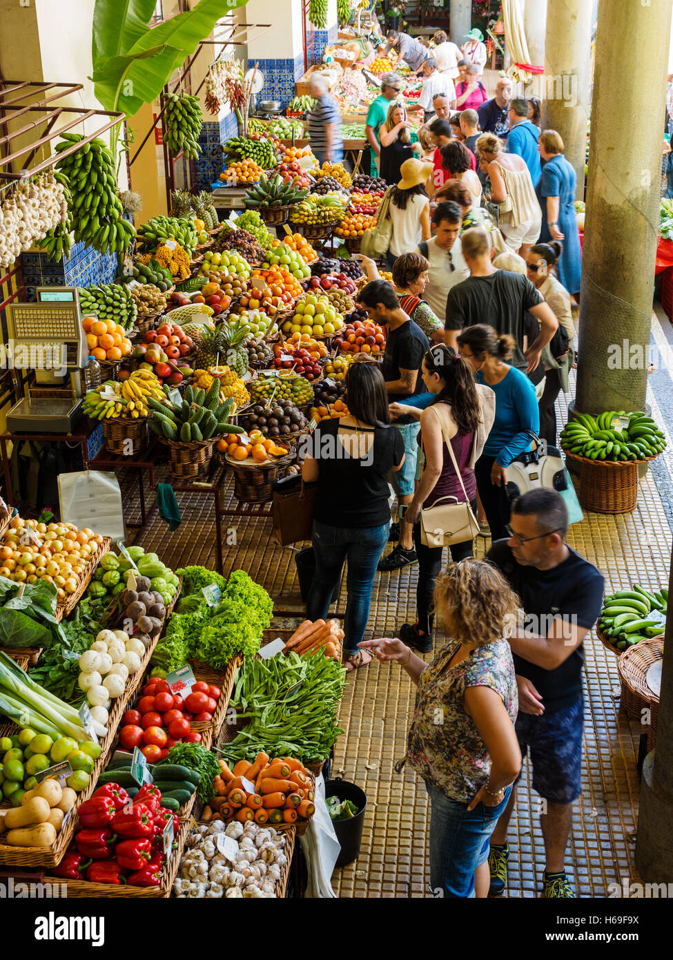 Fruit and vegetables are for sale in the Funchal market hall on the Portuguese island of Madeira Stock Photo