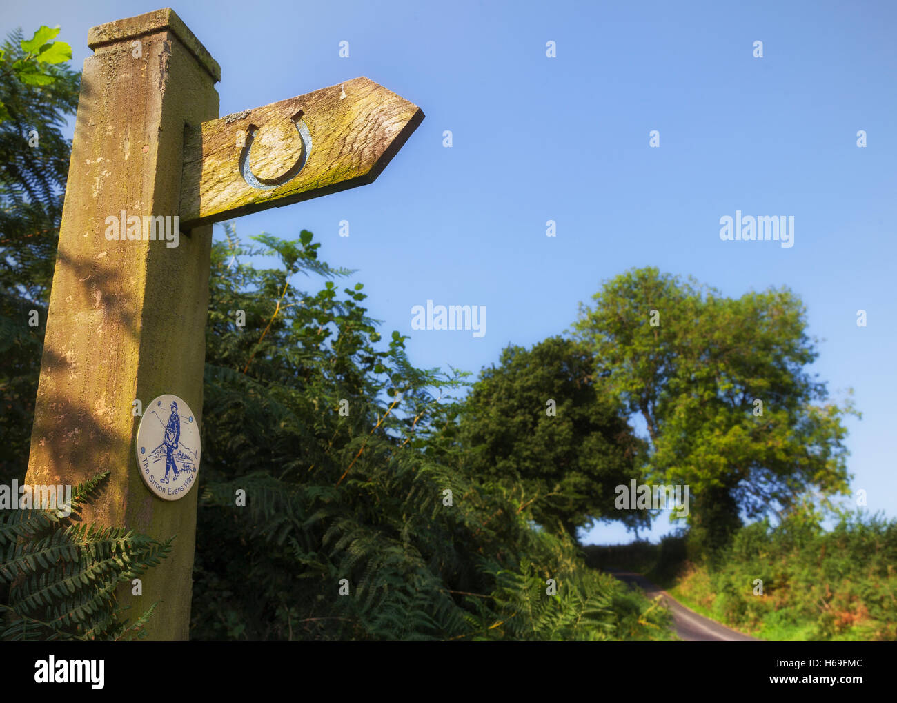 Sign on the The Simon Evans Way, a walk on along the River Rea from Cleobury Mortimer around the South Shropshire countryside, England Stock Photo