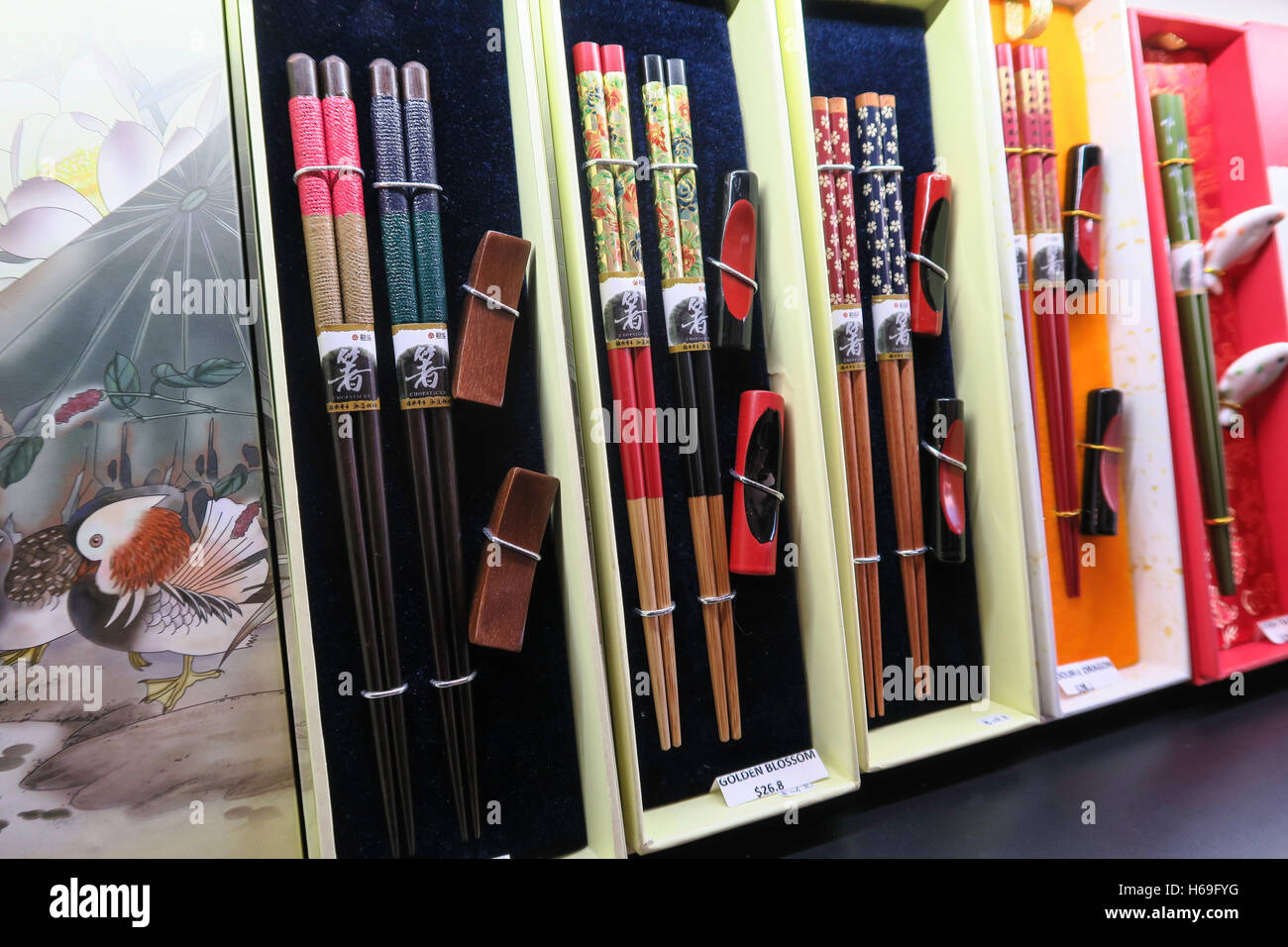 Expensive High-End Chopstick Sets For Sale, Yunhong Retail Shop, Chinatown, NYC, USA Stock Photo