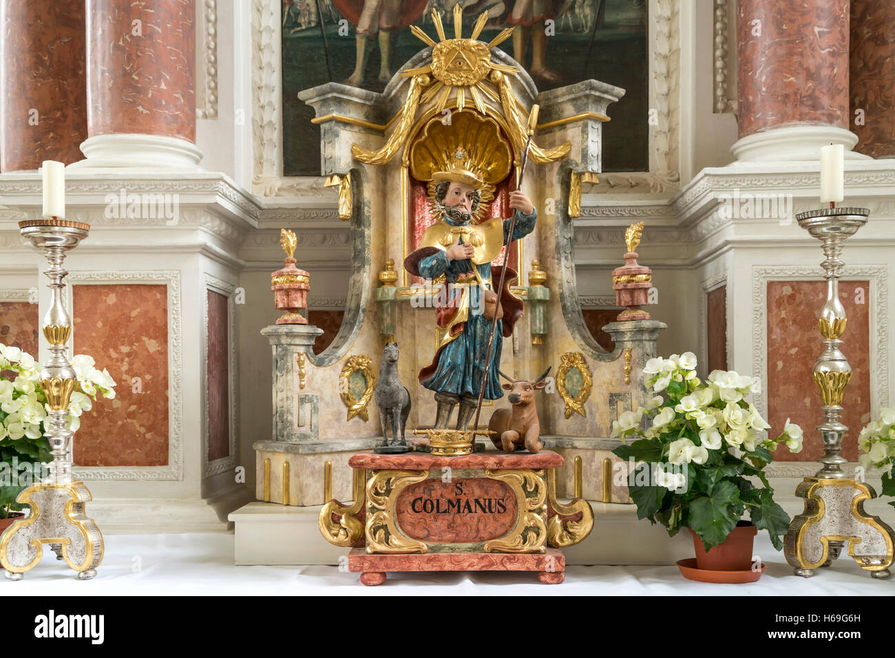 Statue S. Colmanus at the baroque St. Coloman Church near Schwangau ...