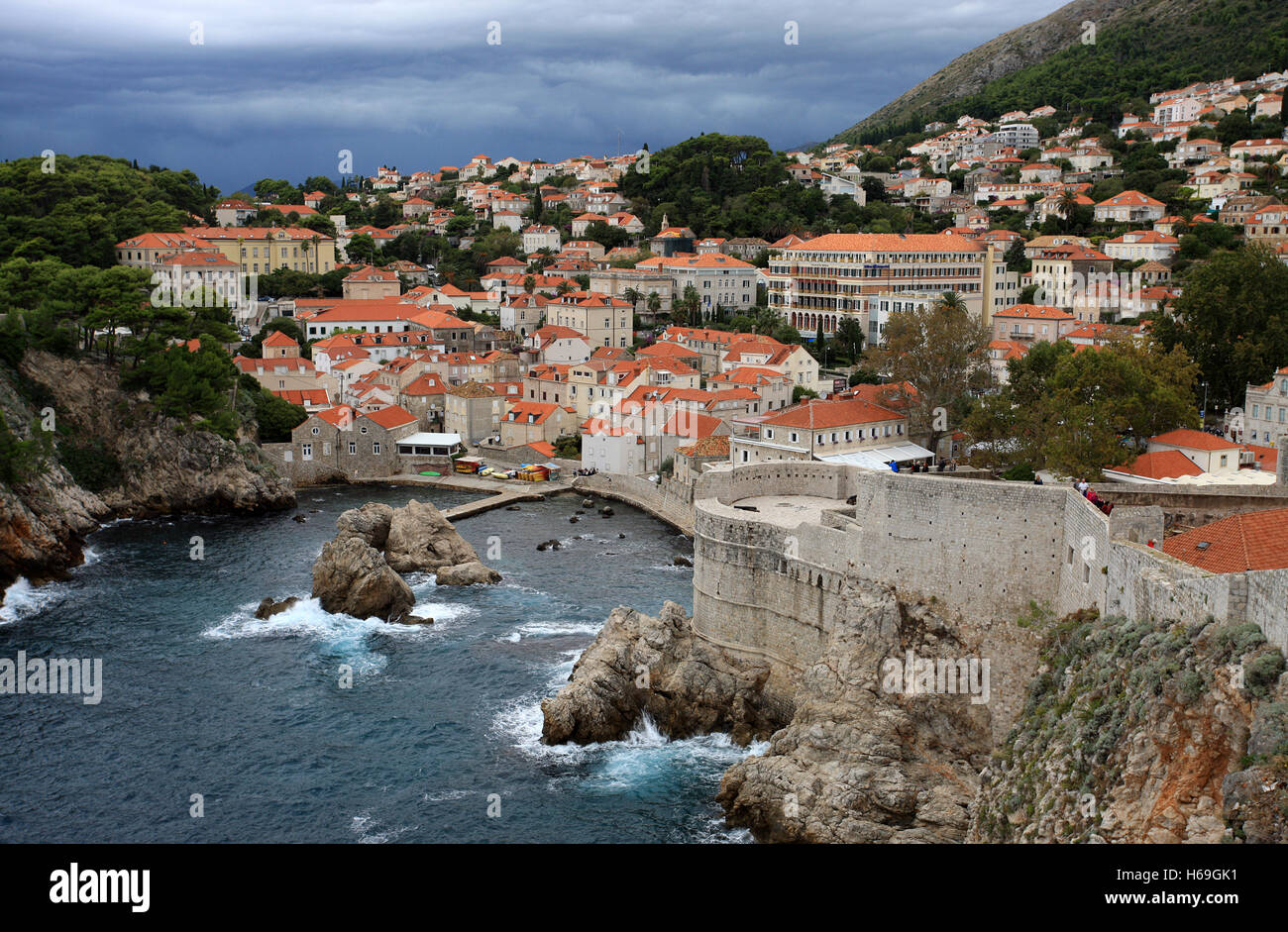 The magnificent rooftops in the old city of Dubrovnik with the Bokar Fortress Stock Photo