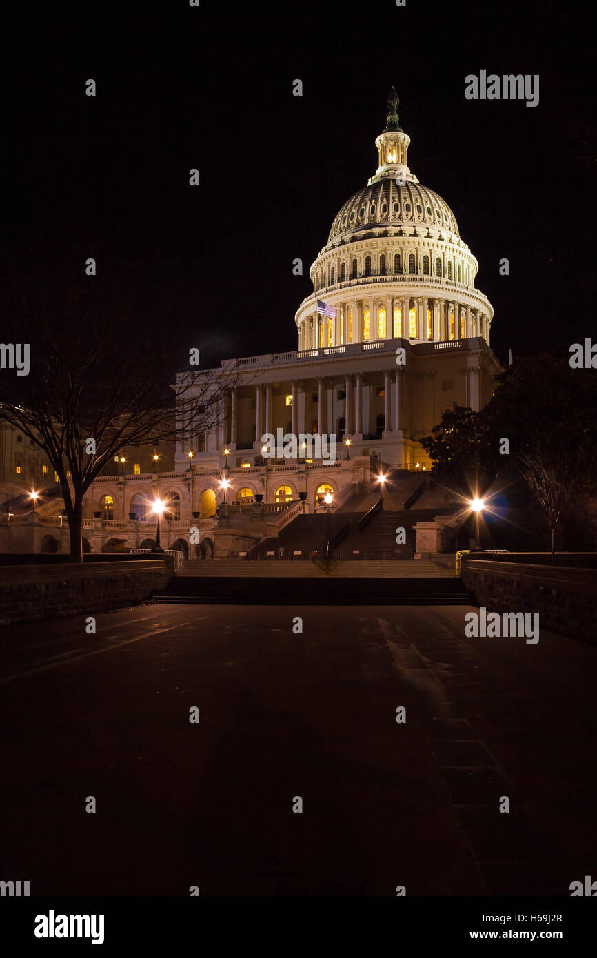 Capitol Building illuminated by night lights, Washington DC, USA Stock