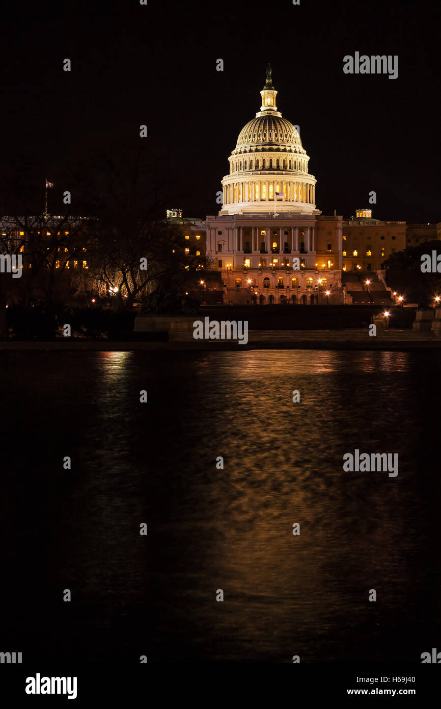 Capitol Building illuminated by night lights, Washington DC, USA Stock