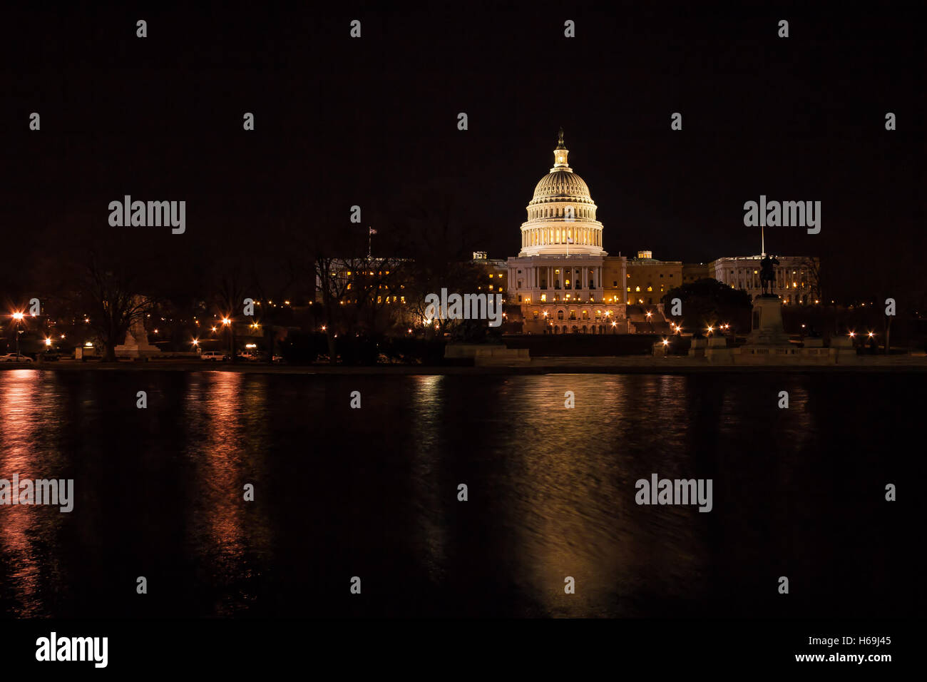 Capitol Building illuminated by night lights, Washington DC, USA Stock