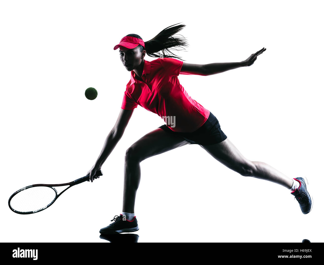 one woman tennis player sadness in studio silhouette isolated on white background Stock Photo