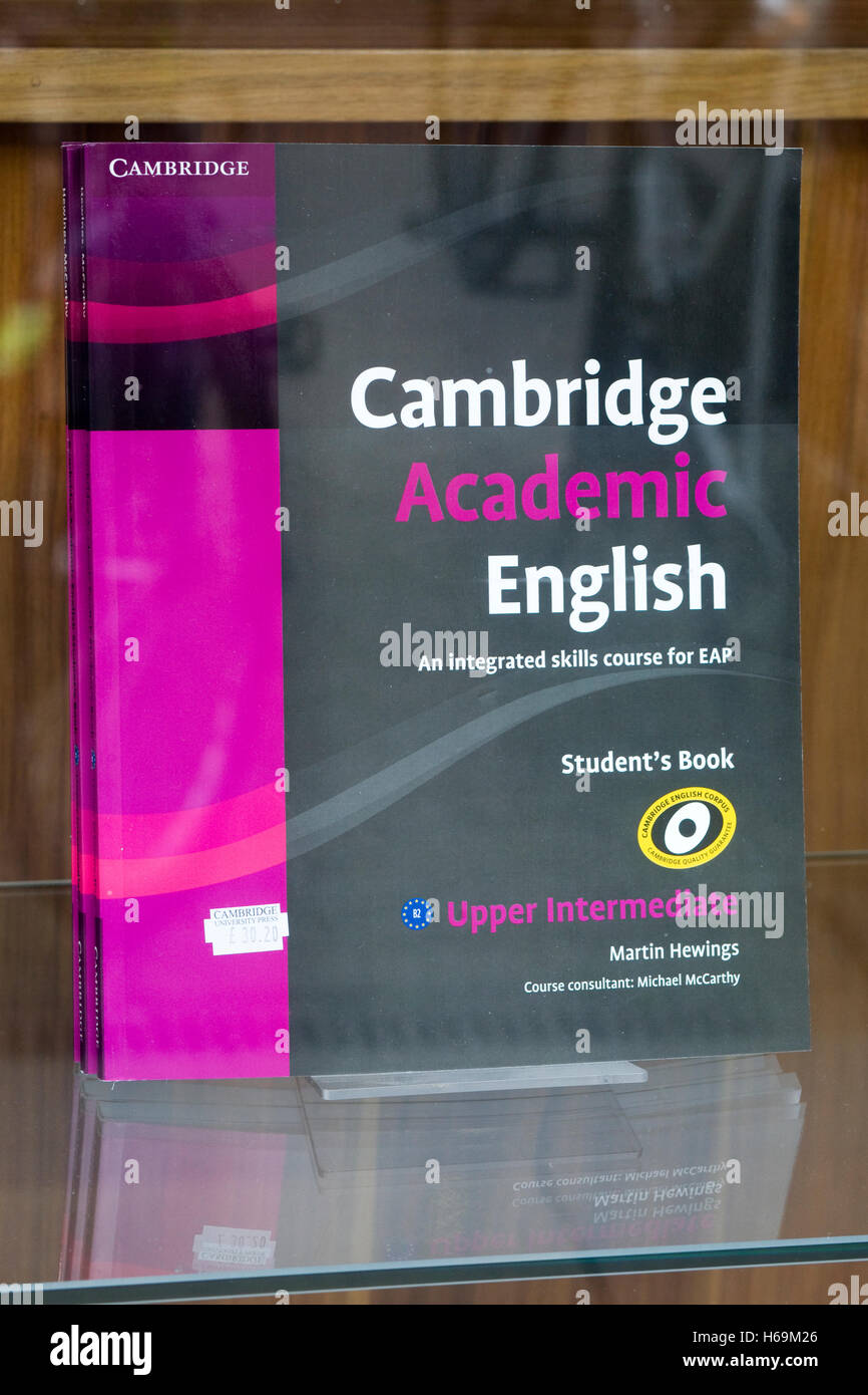 Education books in a shop window 'Cambridge Academic English' Stock Photo