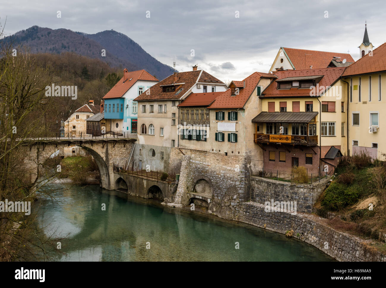 Sora river and Capuchin's Bridge in Skofja Loka, Slovenia Stock Photo ...