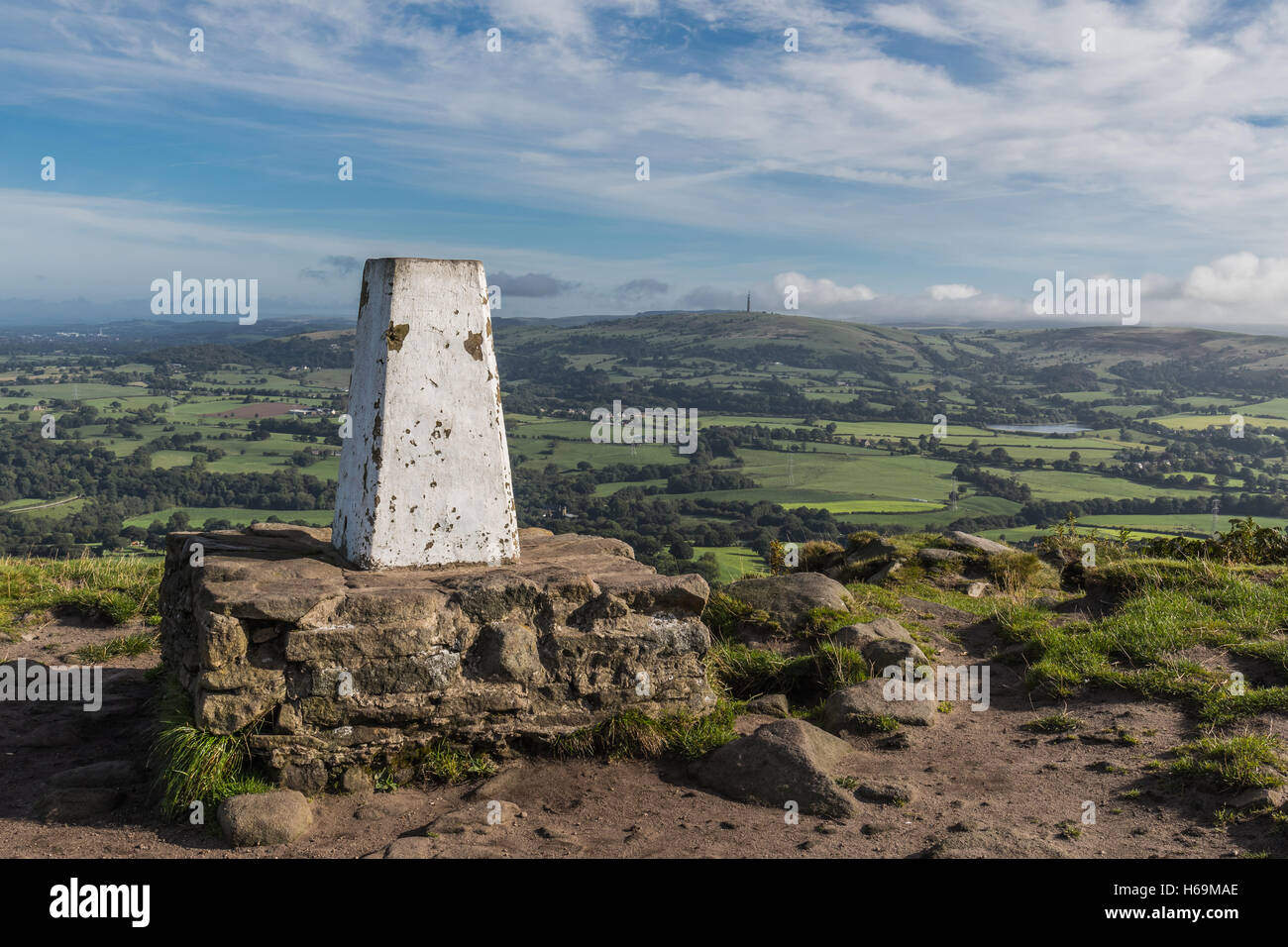 A trig point on Bosley Cloud, Cheshire, UK Stock Photo